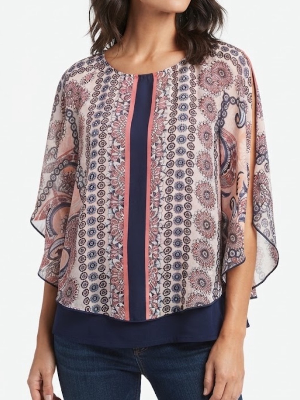 AB Studio Woven Pink Paisley Overlay Blouse with Navy Trim Women’s Size Small
